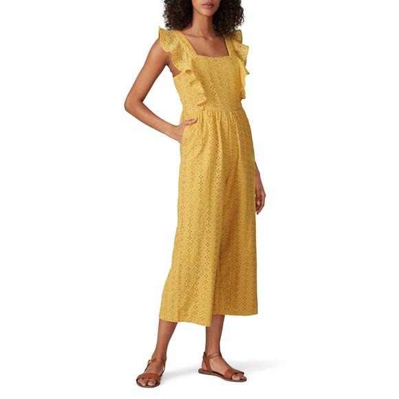 MinkPink My Friend Yellow Eyelet Wide Leg Flutter Sleeve Crop Jumpsuit Size L - Picture 1 of 14